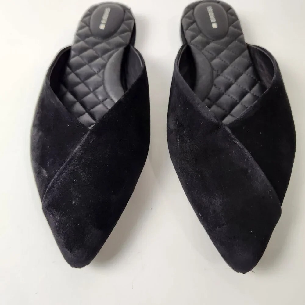 Birdies Shoes Womens 9.5 Black Swan Suede Mules Quilted Flats Leather Slip On - Picture 3 of 14